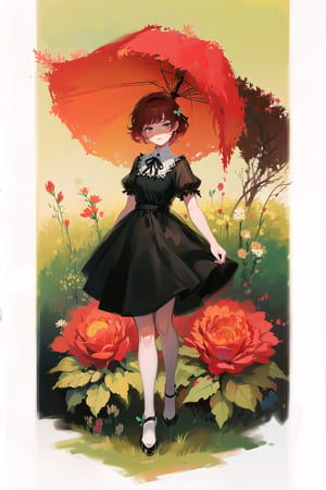 female, (masterpiece,  best quality,  ultra detailed,  absurdres)1.5, white shirt black dress neck ribbon, 1girl short hair, (simple background:.12),  red hair,  bangs,  looking_at_viewer, garden, grass, roses and leaves, gradient background, full body