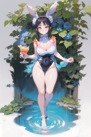 best quality, masterpiece, 1girl, big strong hips, bunny ears, (simple background:1.3), cute, curvy, one piece swimsuit, furry bunny ears, hips, full body, large breats, wide hips, clear skin, thick hips, clean, goddess, beauty, gradient background, simple background, solo, twintails, plae skin smug anime girl, garden floor, rose patterns, leaves patterns, holding cocktail drink, in a garden, roses and leaf patterns, grass, standing in a garden, pond, stone  water, wading, red moon, full moon, pokemon, blue short, white tanktop,