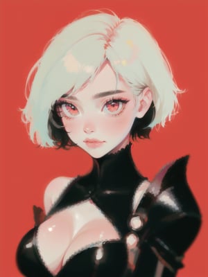 1girl, short hair, upper body, detailed face, simple background, dress, large breasts, bare shoulders, black armor