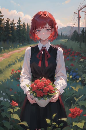 female, (masterpiece,  best quality,  ultra detailed,  absurdres)1.5, white shirt black dress neck ribbon, 1girl short hair, demonictech,  red hair,  bangs,  looking_at_viewer, garden, grass, roses and leaves,