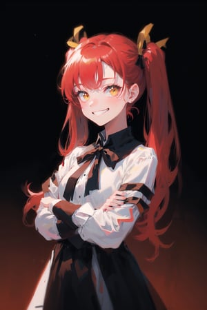 1girl,  solo,  long hair,  looking at viewer,  grin,  simple background,  twintails,  (red hair:1.1),  black_hair_tie,  bow hair tie,  (solo:1.2),  (black_background:1.2),  crossed arms, yellow eyes, black ribbon, glossy, saturated, contrast, strong colors, (simple background:1.2), gradient background