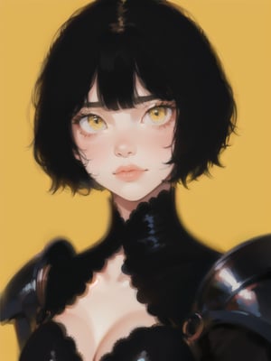 1girl, short hair, upper body, detailed face, simple background, yellow background, dress, cleavage, black armor