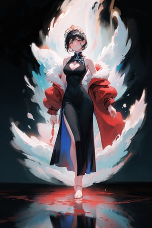 (Best quality:1.4),  goddess,  full body,  barefoot,  large breasts,  cleavage,  foot bracelet,  heaven garden,  standing,  long black chinese dress,  cleavage cutout,  sleeveless black chinese dress,  simple background,  serious look,  goddess,  long black hair,  vibrant colors with high contrast,  melancholy,  tarot artstyle,  blue floor,  (reflective floor:1.3),  red floor. best_quality,  blue vs red short hair, red coat with fur