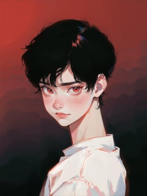 solo, 1boy, closeup, white shirt, black hair, 1990s \(style\), tr90style, simple background, red eyes, victorian, gradient background, vampire, blush, pale, sad