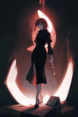 Chinese goddess, red hair, chinese dress, short hair, black dress, best quality, black fur scarf, simple background, grey background, gradient background, best quality, full body, shiny black shoes, dark theme, tarot artstyle, dramatic lighting, subsurface scattering, volumetric lighting, ambient