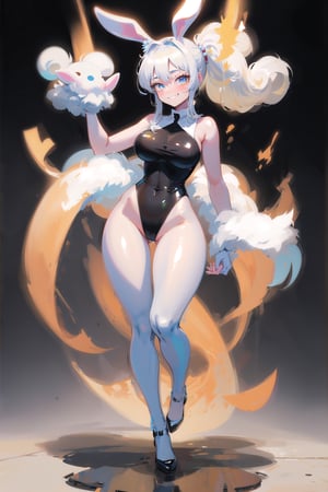 best quality, masterpiece, 1girl, big strong hips, bunny ears, (simple background:1.3), cute, curvy, one piece swimsuit, furry bunny ears, hips, full body, large breats, wide hips, clear skin, thick hips, clean, goddess, beauty, gradient background, simple background, solo, twintails, plae skin smug anime girl, marble floor, reflective floor, glossy, bunny suit, leotard, leaning, shortening, grin, nun, church floor, sleeveless