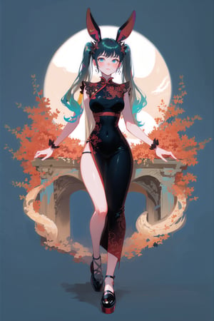 best quality, masterpiece, 1girl, big strong hips, bunny ears, (simple background:1.3), cute, curvy, black chinese dress, furry bunny ears, hips, full body, large breats, wide hips, clear skin, thick hips, clean, goddess, beauty, gradient background, simple background, solo, twintails, plae skin smug anime girl, garden floor, rose patterns, leaves patterns, holding cocktail drink, in a garden, leaf patterns, grass, standing in a garden, pond, stone  water, wading, red moon, full moon, wearing back chinese dress, (sleevless:1.2), sitting a throne, dragon in background, crimson, dramatic, painting, blue water, big bike, dragon sheep car