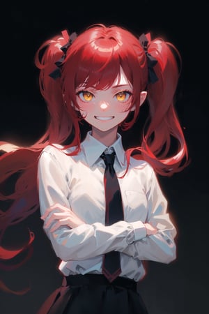 1girl,  solo,  long hair,  looking at viewer,  grin,  simple background,  twintails,  (red hair:1.3),  black_hair_tie,  bow hair tie,  (solo:1.2),  (black_background:1.2),  crossed arms, yellow eyes, ribbon tie, glossy, saturated, contrast, strong colors, (simple background:1.2), gradient background, black skirt, white collared shirt, dramatic lighting