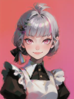 1girl, solo, slender, silver hair, multicolored hair, long hair, flipped hair, folded ponytail, blunt bangs, antenna hair, pink eyes, smirk, boyish clothes, maid, hairclip