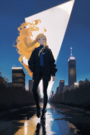 1girl, long hair, detailed face, blue background, blond hair, full body, asphalt, full body, (city:1.2), blue and black clothes, ribbon in hair, full body, black boots, solo, city, tarot artstyle, city, blue color palette, buildings, vibrant colors, dark theme, moon, asphalt floor, reflections, pale skin, asphalt, ,anime