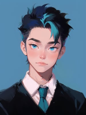 1boy, solo, (simple background:1.3), upper body, best quality, masterpiece, detailed eyes, closed mouth, collared shirt, eyebrows, (cyan hair:1.2), 