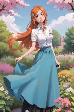 1girl, garden, beautiful, long hair, long skirt, collared shirt, cute, orihime, orange hair, ginger, large breasts, hair clip, hair ornament