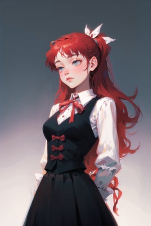 Victorian vampire, cute, (simple background:1.2), gradient background, red hair, tied hair, long hair, solo female, cowboy shot, skirt, collared shirt, victorian, ribbon