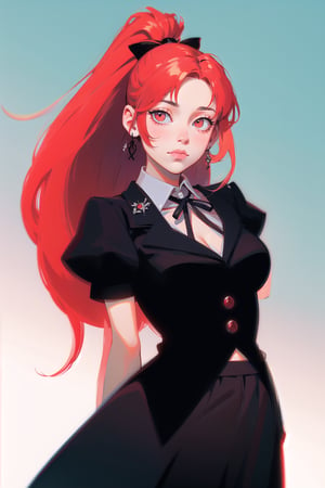 Victorian vampire, cute, (simple background:1.2), gradient background, red hair, long hair, solo female, cowboy shot, black skirt, white collared shirt, victorian, ribbon, arms behind back, ponytail,