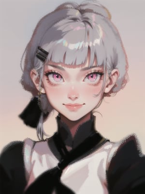 1girl, solo, slender, silver hair, grey hair, long hair, flipped hair, folded ponytail, blunt bangs, antenna hair, pink eyes, smirk, boyish clothes, maid, hairclip, black armor,