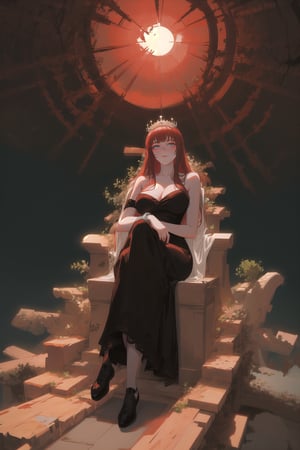 Goddess, red hair, white chinese dress, gradient background, large breasts, 1girl, solo, best quality, masterpiece, black background, full body, tarot_style, heavenly, aura, godess, detailed dress, motif, intricate dress design, chinese, simple white dress, sleeveless chinese dress, barefoot, black foot bracelet, simple background, sitting in heaven, vines, roses, leaves, tree, mature, calm, serenity, empress, goddess being worshipped, resting, extremely beautiful, beauty, vibrant red hair, glowing, large breasts, feet, perfect woman, tori gate, halo, resting, leaves, dangling feet, high, sitting, In the grandeur of the vampire queen's throne room, darkness reigns supreme, ancient power. Massive obsidian pillars, crimson-carpeted aisle, ornate ebony throne. throne with sinister motifs and intricate patterns. high back throne. The seat is draped in velvety, blood-red fabric, bearing the embroidered crest of the vampire queen. the queen, she sits with regal poise, her figure wrapped in a gown of flowing silk. dim light. The queen's long, hair cascades down her shoulders in elegant waves. flawless skin, eyes with a mesmerizing shade of crimson, radiate an otherworldly intensity. The throne room is bathed in a dim, ethereal glow. The flickering candlelight casts eerie shadows. eyes ablaze with a predatory crimson. immortal ruler. detailed painting, from the queen's attire to the menacing beauty, aura of dark elegance, long_braid_hairstyle, long (red hair:1.2), redhead, (full view:1.3) of a stunningly beautiful young woman, (pale skin:1.3), light smile, sitting on a cushion of thick (fuzzy moss:1.2) under an ancient (gnarly oak:1.2) with a lush treetop, wearing a (luxurious (black:1.2) lace gown:1.3), (sunset, dusk, dramatic lighting:1.5), large red sun, (crepuscular rays:1.1), (photorealistic, masterpiece, best quality, 8k, ultra highres, absurdres, highres:1.1), bokeh, detailed skin texture, Hasselblad photography, outdoors