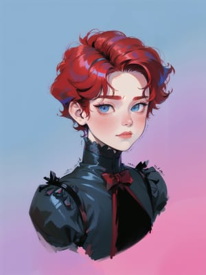 solo, 1boy, closeup, red hair, 1990s \(style\), tr90style, simple background, blue eyes, victorian, gradient background, vampire, blush, pale, sad, cute, prince, flat-artstyle, highres, high quality, masterpiece, subsurface scattering, full body, male focus, 