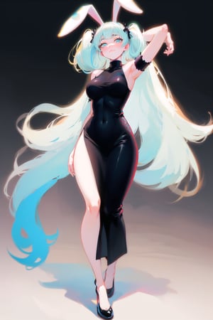 best quality, masterpiece, 1girl, big strong hips, bunny ears, (simple background:1.3), cute, curvy, black chinese dress, furry bunny ears, hips, full body, large breats, wide hips, clear skin, thick hips, clean, goddess, beauty, gradient background, simple background, solo, twintails, plae skin smug anime girl