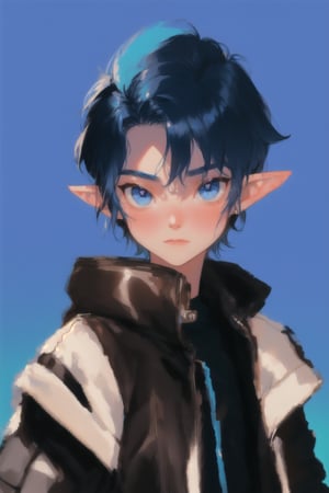 solo, 1boy, closeup, black open jacket, blue hair, 1990s \(style\), tr90style, simple background, blue eyes, gradient background, blush, pale, cute, elf ears, flat-artstyle, highres, high quality, portrait, white shirt, leather jacket