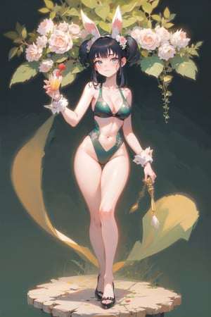 best quality, masterpiece, 1girl, big strong hips, bunny ears, (simple background:1.3), cute, curvy, one piece swimsuit, furry bunny ears, hips, full body, large breats, wide hips, clear skin, thick hips, clean, goddess, beauty, gradient background, simple background, solo, twintails, plae skin smug anime girl, garden floor, rose patterns, leaves patterns, holding cocktail drink, in a garden, roses and leaf patterns