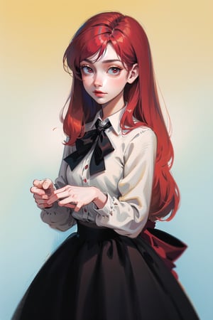 Victorian vampire, cute, (simple background:1.2), gradient background, red hair, tied hair, long hair, solo female, cowboy shot, skirt, collared shirt, victorian, ribbon