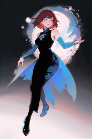 Chinese goddess, red hair, chinese dress, short hair, black dress, best quality, simple background, grey background, gradient background, best quality, full body, shiny black shoes, tarot artstyle, subsurface scattering, bare shoulders, intricate details, beautiful dress motif, large breasts, blue color palette