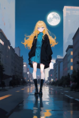 1girl, long hair, detailed face, blue background, blond hair, full body, asphalt, full body, (city:1.2), blue and black clothes, ribbon in hair, full body, black boots, solo, city, tarot artstyle, city, blue color palette, buildings, vibrant colors, dark theme, moon, asphalt floor, reflections, pale skin, asphalt, ,anime