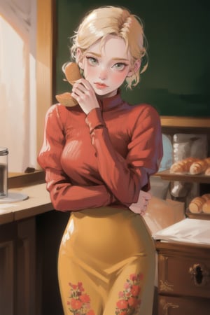 Beautiful young girl, slender, perfect face, perfect skin, blonde, Nordic, flower print dress, The inside of a vintage bakery, with antique brass scales, a chalkboard menu listing today's specialties, and a red-headed woman wear ribbed shirt, pencil skirt, selecting a crusty baguette from a display filled with an assortment of artisan breads, very realistic, photographic appearance, very detailed, RAW style.