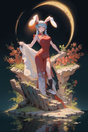 best quality, masterpiece, 1girl, big strong hips, bunny ears, (simple background:1.3), cute, curvy, black chinese dress, furry bunny ears, hips, full body, large breats, wide hips, clear skin, thick hips, clean, goddess, beauty, gradient background, simple background, solo, twintails, plae skin smug anime girl, garden floor, rose patterns, leaves patterns, holding cocktail drink, in a garden, leaf patterns, grass, standing in a garden, pond, stone  water, wading, red moon, full moon, wearing back chinese dress, (sleevless:1.2), sitting a throne, dragon in background, crimson, dramatic, painting, blue water,