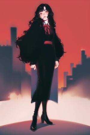 long black shiny hair,  ((wavy hair)),  red eyes,  1girl,  teenager,  city,  red and black clothes,  ribbon in hair,  full body