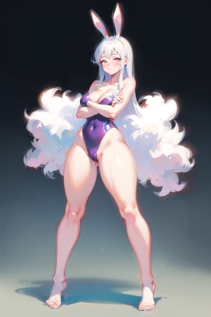 best quality, masterpiece, 1girl, big strong hips, bunny ears, (simple background:1.3), cute, cool, one piece swimsuit, furry bunny ears, hips, full body, large breats, wide hips, clear skin, thick hips, clean, goddess, plus size, beauty, sexy, breast squeeze, crossed arms, gradient background