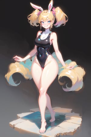 best quality, masterpiece, 1girl, big strong hips, bunny ears, (simple background:1.3), cute, curvy, one piece swimsuit, furry bunny ears, hips, full body, large breats, wide hips, clear skin, thick hips, clean, goddess, beauty, gradient background, simple background, solo, twintails, plae skin, smug, marble floor, reflective floor, glossy floor, suit, leotard, leaning, shortening, grin, nun, sleeveless, bare arms, bare legs, bare_sholders