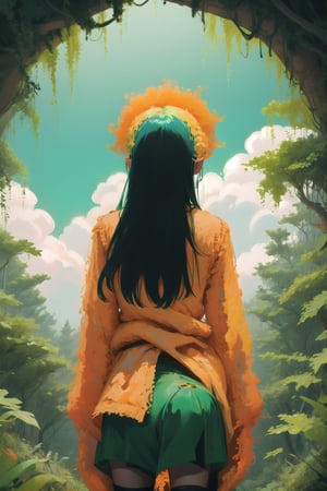 fantasy forests,woods,1girl,cute girl,explorer clothing,EpicArt,girl turn your back on the audience,Backview,anime,colorful,iridescent,huoshen,DonMG414,DonMG414 