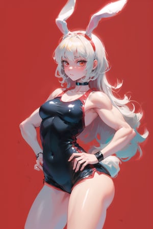 best quality, masterpiece, high definition, high resolution, 1girl, one-piece swimsuit, (wide hips:1.1), (bunny ears:1.2), (simple red background:1.4), detailed face, cross, goth, emo, death_note, goth woman, gradient background, short white hair, best quality, masterpiece, high definition, high resolution, 1girl, one piece swimsuit, shorts, big hips, (muscular hips:1.2), bunny ears, simple red background, detailed face, extremely detailed, beautiful, simple artwork, strong lines, female_solo, solo, small breasts, goth mommy, 