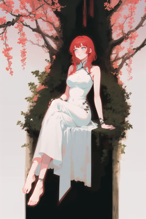 Goddess, red hair, white chinese dress, gradient background, large breasts, 1girl, solo, best quality, masterpiece, black background, full body, tarot_style, heavenly, aura, godess, detailed dress, motif, intricate dress design, chinese, simple white dress, sleeveless chinese dress, barefoot, black foot bracelet, simple background, sitting in heaven, vines, roses, leaves, tree, mature, calm, serenity, empress, goddess being worshipped, resting, extremely beautiful, beauty, vibrant red hair, glowing,