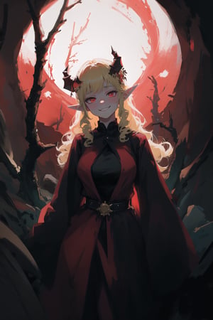 a 28 yo woman, blonde, red eyes, two big demon horns, Curly hair, dark theme, soothing tones, dark forest, elf ears, high contrast, (pointy ears, soft light, sharp), cute, medium shot, bokeh, (hdr), (cinematic, teal and orange:0.5), (soothing tones), pale skin, (hyperdetailed:1.2), (noir:0.5), warrior, dark forrest, big fangs, evil, smile, terrifying, beautiful, sinister, solo, best quality