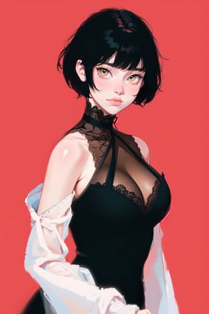 1girl, short hair, upper body, detailed, simple background, large breasts, bare shoulders, sleeveless, black hair, best quality, masterpiece, cowboy shot, intricate design, black victorian dress