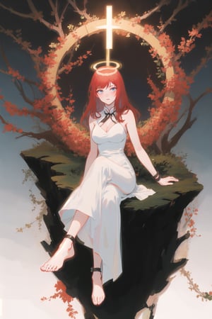 Goddess, red hair, white chinese dress, gradient background, large breasts, 1girl, solo, best quality, masterpiece, black background, full body, tarot_style, heavenly, aura, godess, detailed dress, motif, intricate dress design, chinese, simple white dress, sleeveless chinese dress, barefoot, black foot bracelet, simple background, sitting in heaven, vines, roses, leaves, tree, mature, calm, serenity, empress, goddess being worshipped, resting, extremely beautiful, beauty, vibrant red hair, glowing, large breasts, feet, perfect woman, tori gate, halo, resting, leaves, dangling feet, high, sitting, 3 quarters
