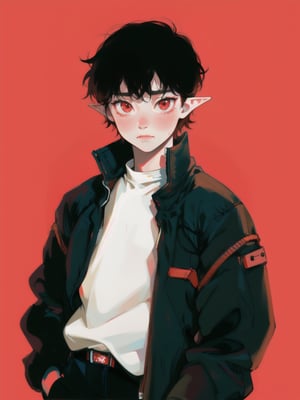 solo, 1boy, closeup, white shirt, black hair, 1990s \(style\), tr90style, simple background, red eyes, jacket, gradient background, vampire, blush, pale, sad, cute, elf ears,