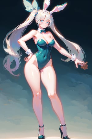 best quality, masterpiece, 1girl, big strong hips, bunny ears, (simple background:1.3), cute, curvy, bunny suit, furry bunny ears, hips, full body, large breats, wide hips, clear skin, thick hips, clean, goddess, beauty, gradient background, simple background, solo, twintails, plae skin smug anime girl, sleeveless, leotard