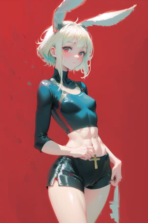 best quality, masterpiece, high definition, high resolution, 1girl, one-piece swimsuit, (wide hips:1.1), (bunny ears:1.2), (simple red background:1.4), detailed face, cross, goth, emo, death_note, goth woman, gradient background, short white hair, best quality, masterpiece, high definition, high resolution, 1girl, one piece swimsuit, shorts, big hips, (muscular hips:1.2), bunny ears, simple red background, detailed face, extremely detailed, beautiful, simple artwork, strong lines, female_solo, solo, small breasts, goth mommy, 