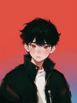 solo, 1boy, closeup, white shirt, black hair, 1990s \(style\), tr90style, simple background, red eyes, jacket, gradient background, vampire, blush, pale, sad