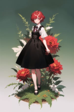 female, (masterpiece,  best quality,  ultra detailed,  absurdres)1.5, white shirt black dress neck ribbon, 1girl short hair, (simple background:.12),  red hair,  bangs,  looking_at_viewer, garden, grass, roses and leaves, gradient background, full body