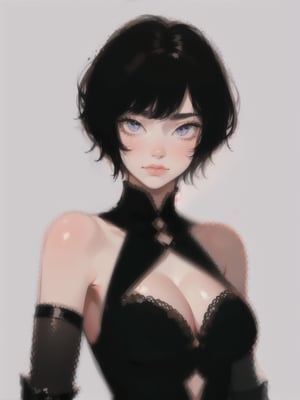 1girl, short hair, upper body, detailed face, simple background, dress, large breasts, bare shoulders, black armor