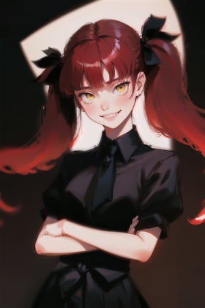 1girl,  solo,  long hair,  looking at viewer,  grin,  simple background,  twintails,  (red hair:1.3),  black_hair_tie,  bow hair tie,  (solo:1.2),  (black_background:1.2),  crossed arms, yellow eyes, ribbon tie, glossy, saturated, contrast, strong colors, (simple background:1.2), gradient background, black skirt, white collared shirt, dramatic lighting