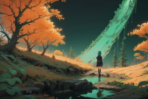 fantasy forests,woods,1girl,cute girl,explorer clothing,EpicArt,girl turn your back on the audience,Backview,anime,colorful,iridescent,huoshen,DonMG414,DonMG414 full body, resting, lake, sitting