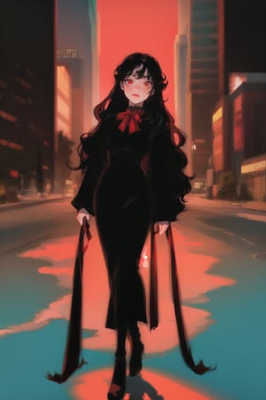 long black shiny hair,  ((wavy hair)),  red eyes,  1girl,  teenager,  city,  red and black clothes,  ribbon in hair,  full body