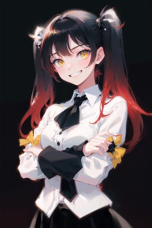 1girl,  solo,  long hair,  looking at viewer,  grin,  simple background,  twintails,  (red hair:1.1),  black_hair_tie,  bow hair tie,  (solo:1.2),  (black_background:1.2),  crossed arms, yellow eyes, ribbon tie, glossy, (saturated:1.1), contrast, (strong colors:1.2), (simple background:1.2), gradient background, black skirt, white collared shirt, dramatic lighting