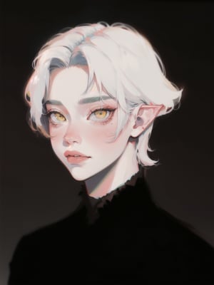 Emet Selch, 1boy, black shirt, bangs, black robe, looking at viewer, male focus, parted bangs, full lips, pale, blush portrait, robe, short hair, upper body, white hair, yellow eyes, dynamic angle, dynamic pose, hades, dark theme, soothing tones, muted colors, elf ears, high contrast, (natural skin texture, hyperrealism, soft light, sharp), exposure blend, medium shot, bokeh, (hdr:1.4), high contrast, (cinematic, black and grey:0.85), (muted colors, dim colors, soothing tones:1.3), low saturation, (hyperdetailed:1.2), (noir:0.7), warrior, dark forrest, big fangs, evil, serious, terrifying, beautiful, sinister, castlevania, (smooth:1.2), prince of darkness, gloomy, old portrait, vectorian vampire, lucifer, portrait painting