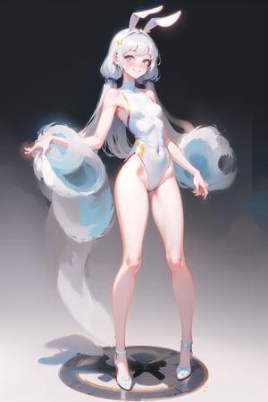 best quality, masterpiece, 1girl, big strong hips, bunny ears, (simple background:1.3), cute, curvy, one piece swimsuit, furry bunny ears, hips, full body, large breats, wide hips, clear skin, thick hips, clean, goddess, beauty, gradient background, simple background, solo, twintails, plae skin, smug, marble floor, reflective floor, glossy floor, suit, leotard, leaning, shortening, grin, nun, sleeveless, bare arms, bare legs, bare_sholders